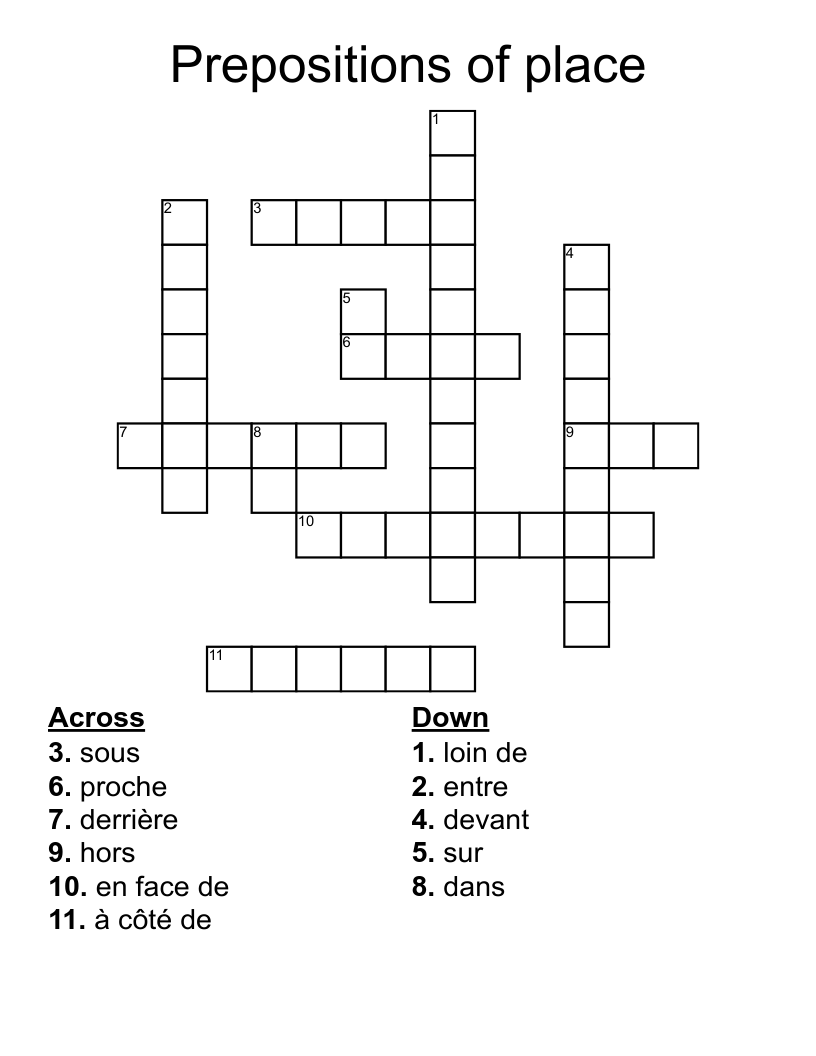 Prepositions Crossword Puzzles Printable
