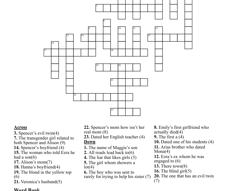 Pretty Little Liars Crossword WordMint
