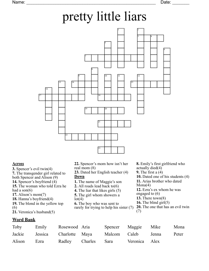 Pretty Little Liars Crossword WordMint
