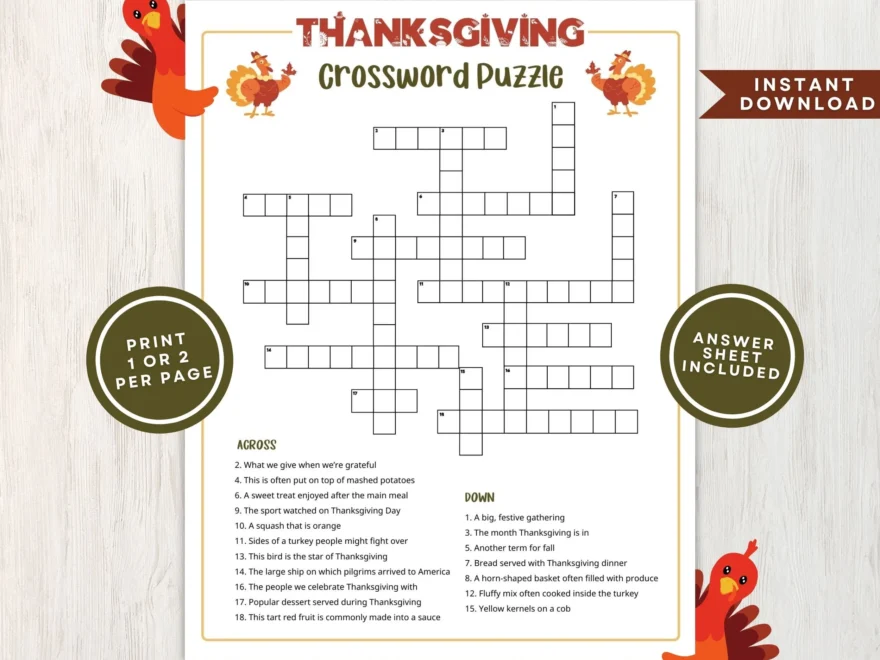Printable Thanksgiving Crossword Puzzle For Kids And Adults Crossword Game For Thanksgiving Gatherings And Classrooms Instant Download Etsy