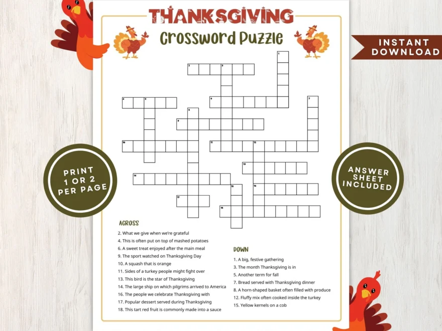 Printable Thanksgiving Crossword Puzzle For Kids And Adults Crossword Game For Thanksgiving Gatherings And Classrooms Instant Download Etsy