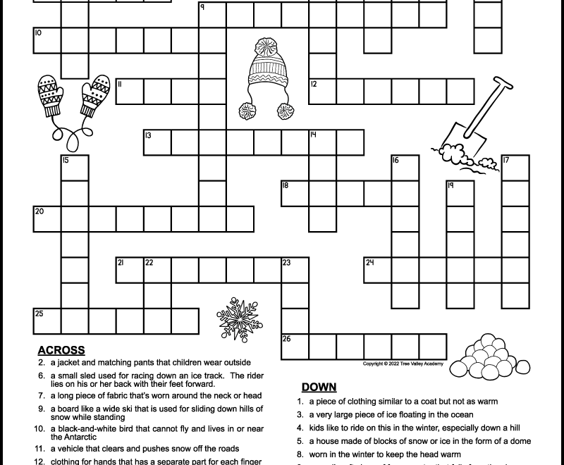 Printable Winter Crossword Puzzles For Kids Tree Valley Academy
