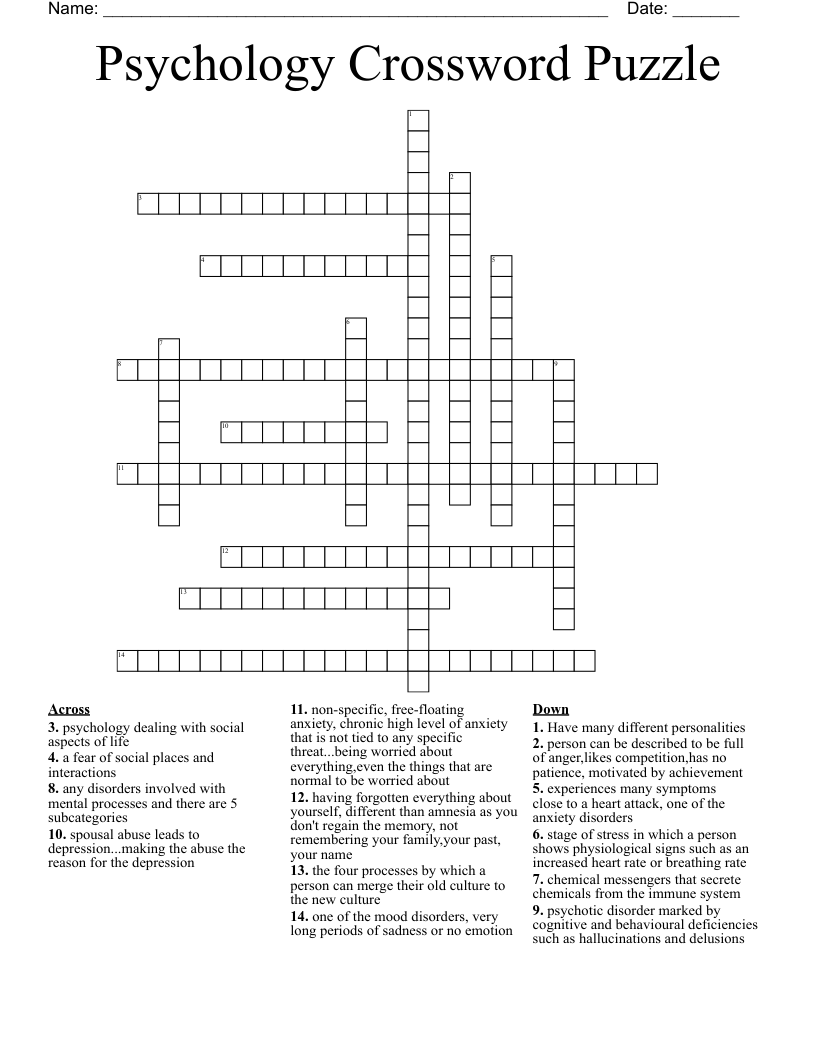 Psychology Crossword Puzzle WordMint