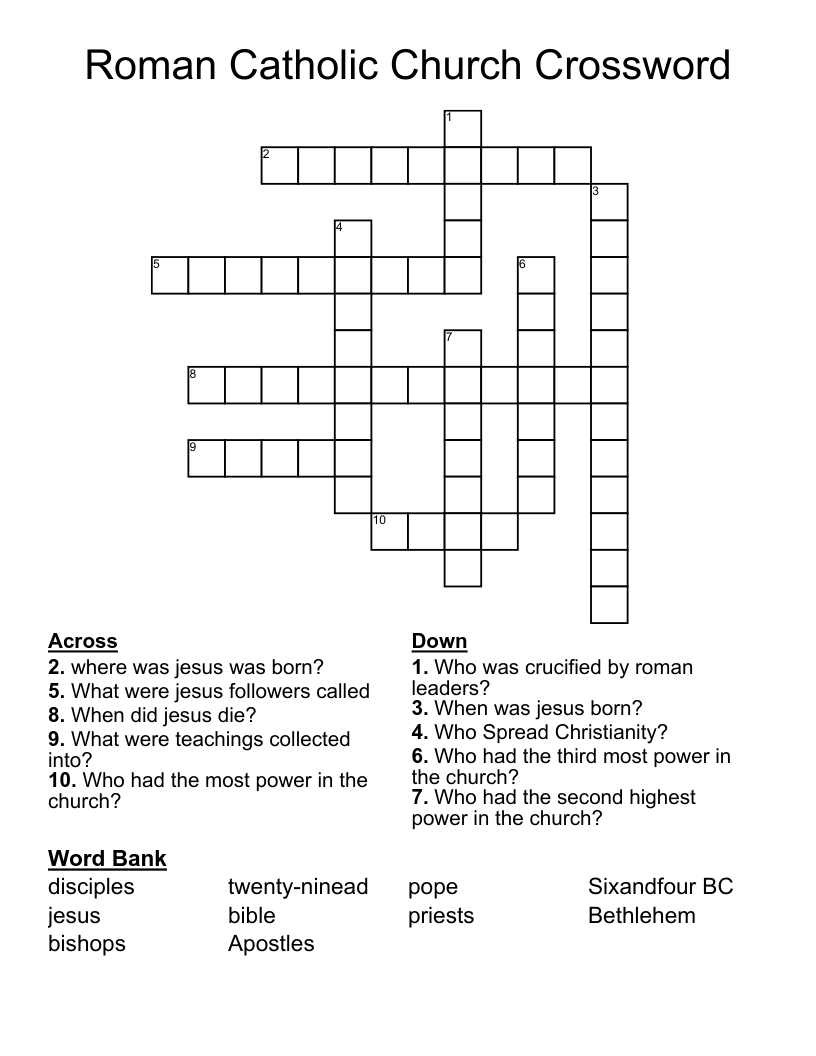 Roman Catholic Church Crossword WordMint