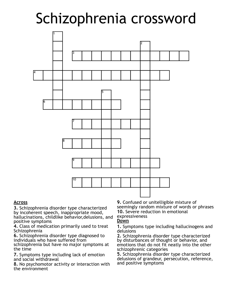 Schizophrenia Crossword WordMint