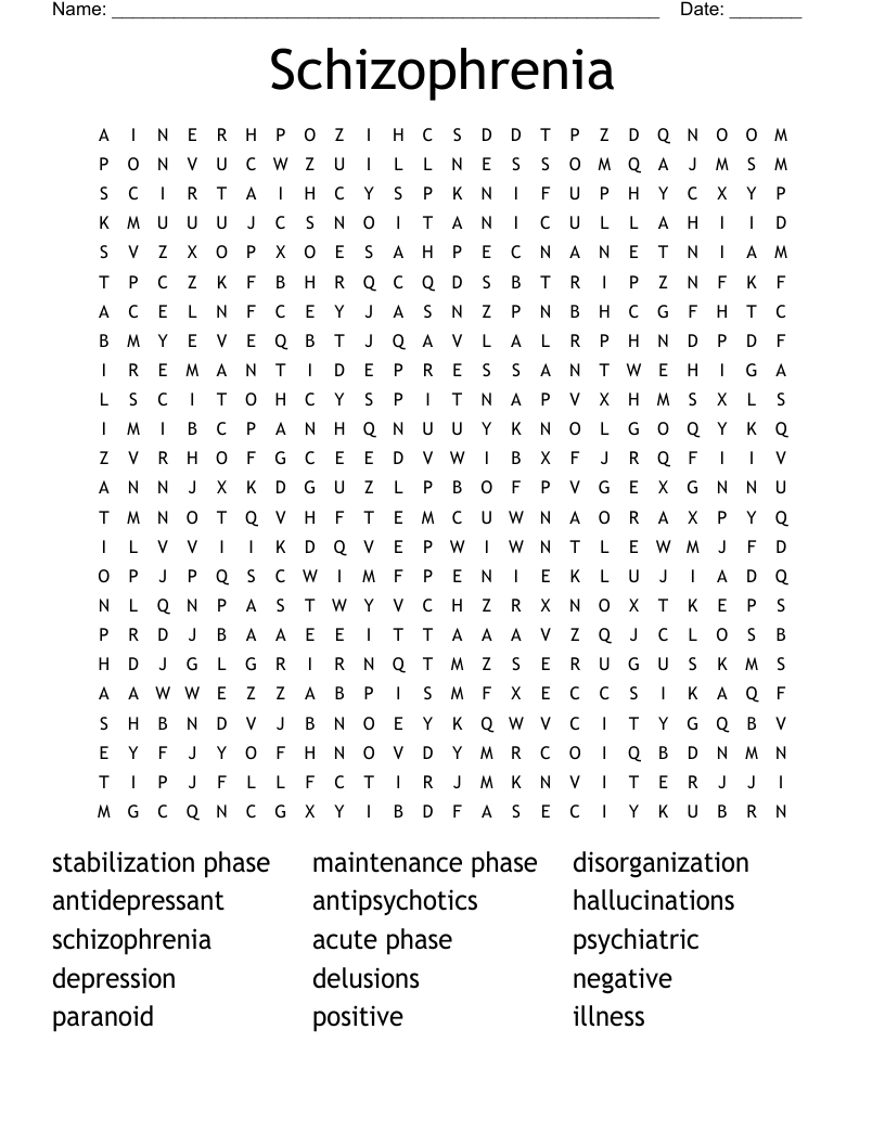 Schizophrenia Crossword Puzzle Printable