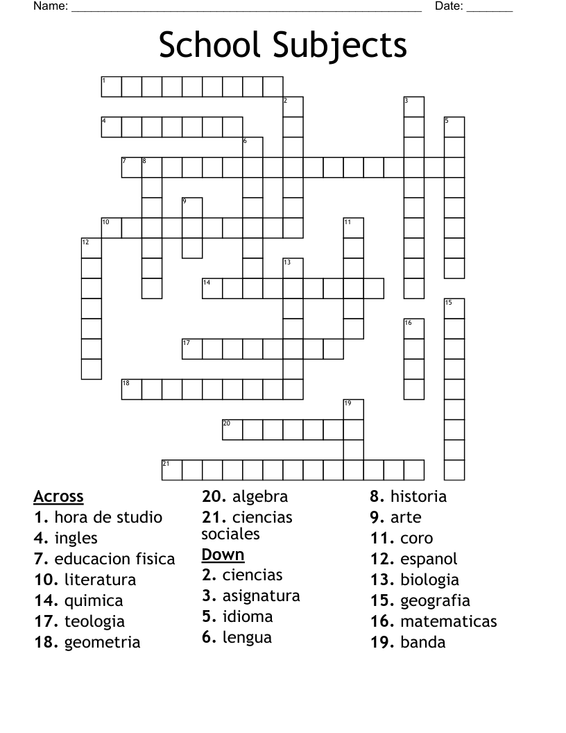 School Subjects Crossword WordMint School Subjects Crossword WordMint