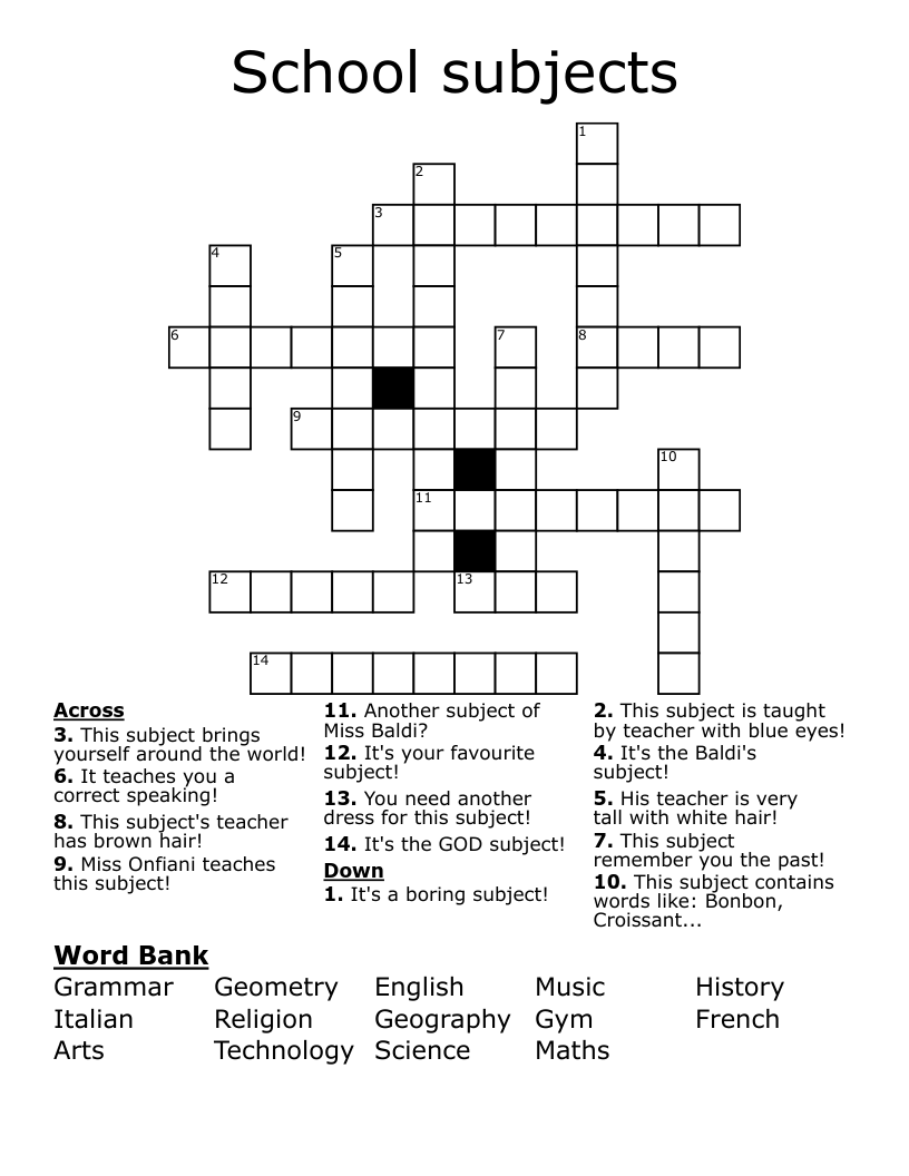 School Subjects Crossword WordMint School Subjects Crossword WordMint