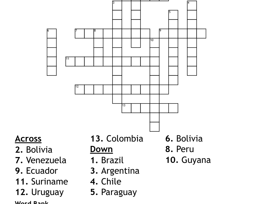 South America Countries And Capitals Crossword WordMint