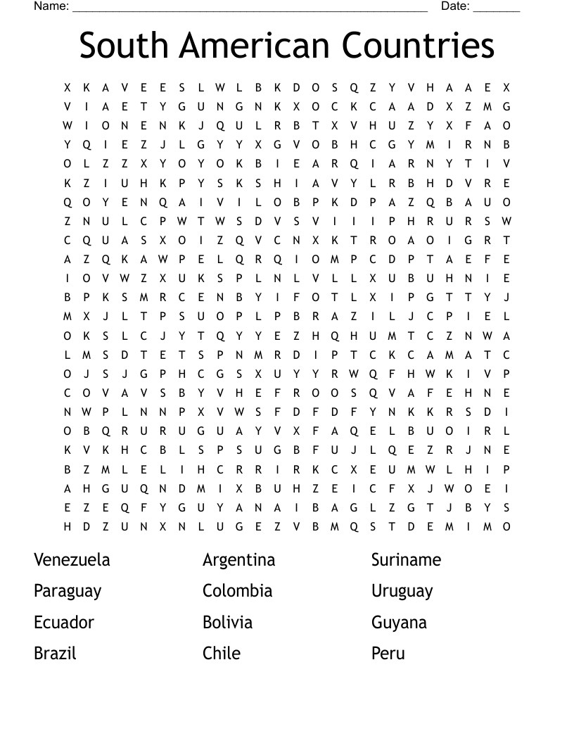South America Crossword Puzzle Printable Ansers