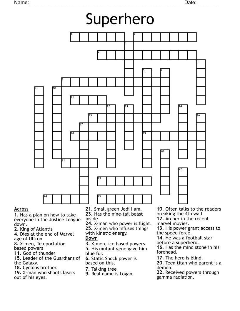 Superhero Crossword WordMint Superhero Crossword WordMint