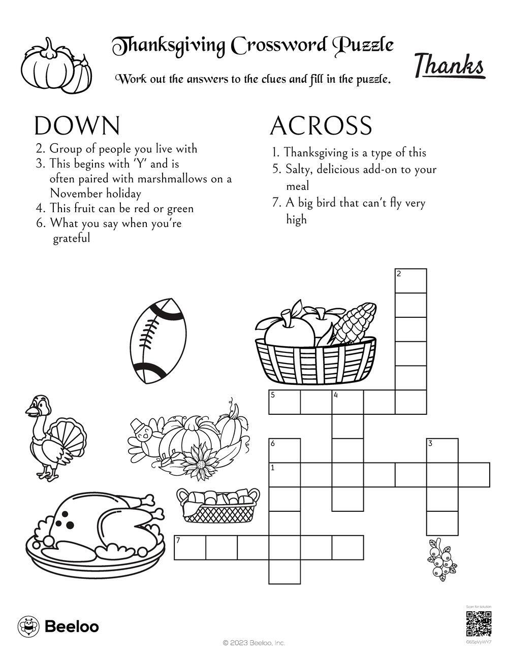 Thanksgiving Crossword Puzzle Printable