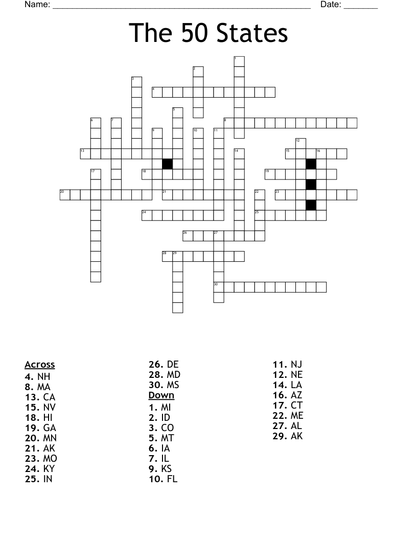 The 50 States Crossword WordMint The 50 States Crossword WordMint