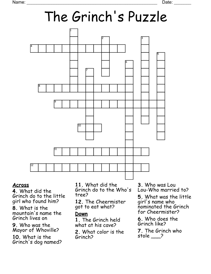 Grinch Crossword Printable Grinch Crossword Printable