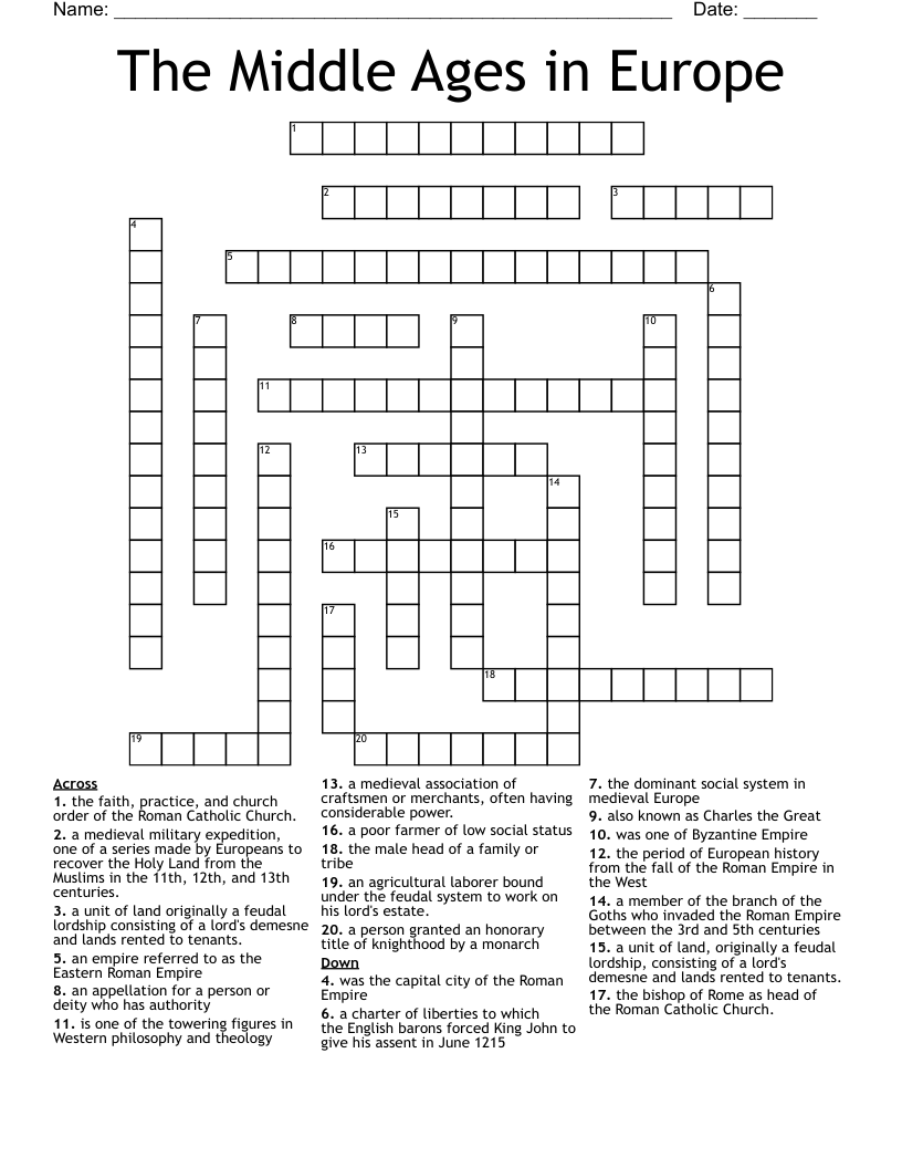 Middle Ages Crossword Puzzle Printable