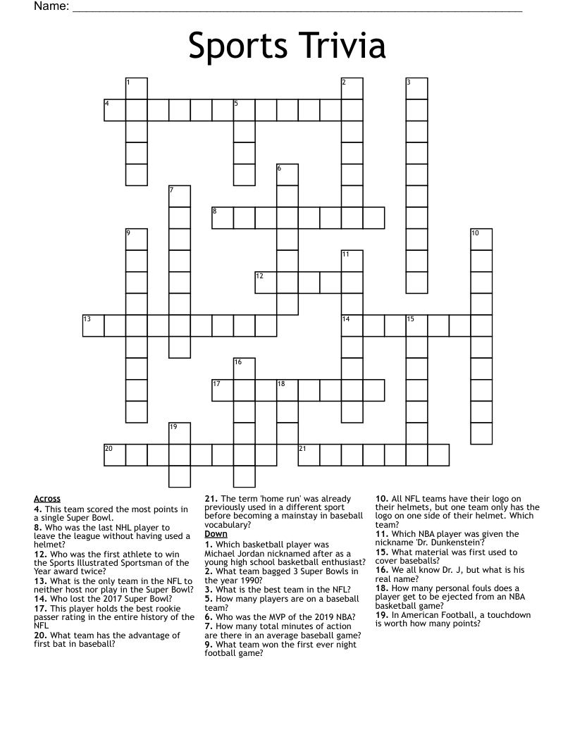 US Super Bowl History Crossword WordMint
