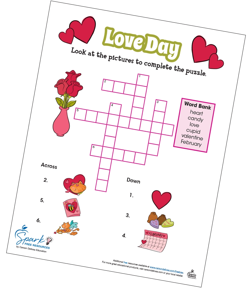 Valentine s Day Love Day Crossword Puzzle Free Printable Carson Dellosa