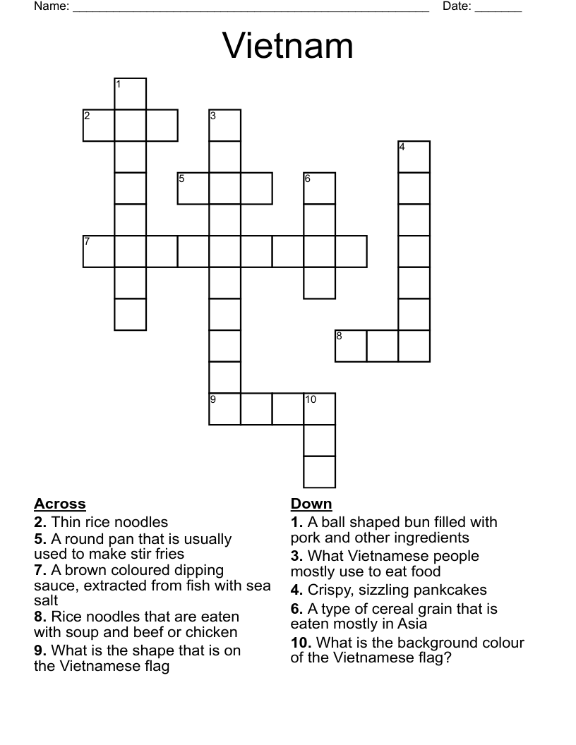 Vietnamese Crossword Puzzle Free Printable