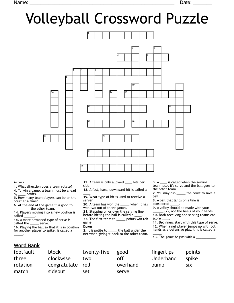 Volleyball Crossword Puzzle WordMint