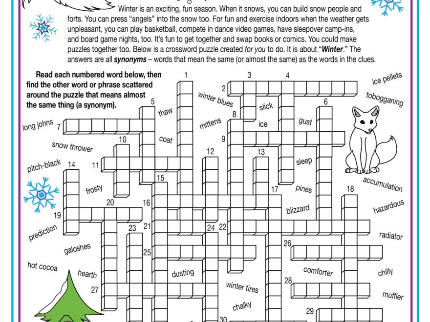 Winter Vocabulary Synonyms Printable Crossword Puzzle Word Search Made By Teachers