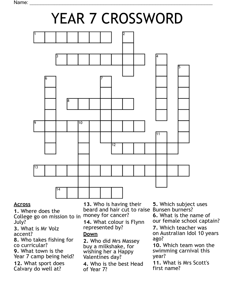 YEAR 7 CROSSWORD WordMint YEAR 7 CROSSWORD WordMint
