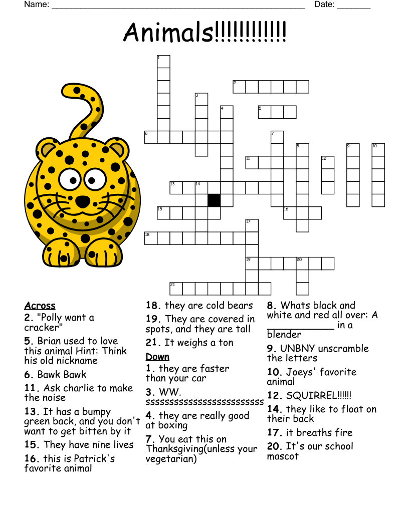 Zoo Animal Crossword Puzzle Printable